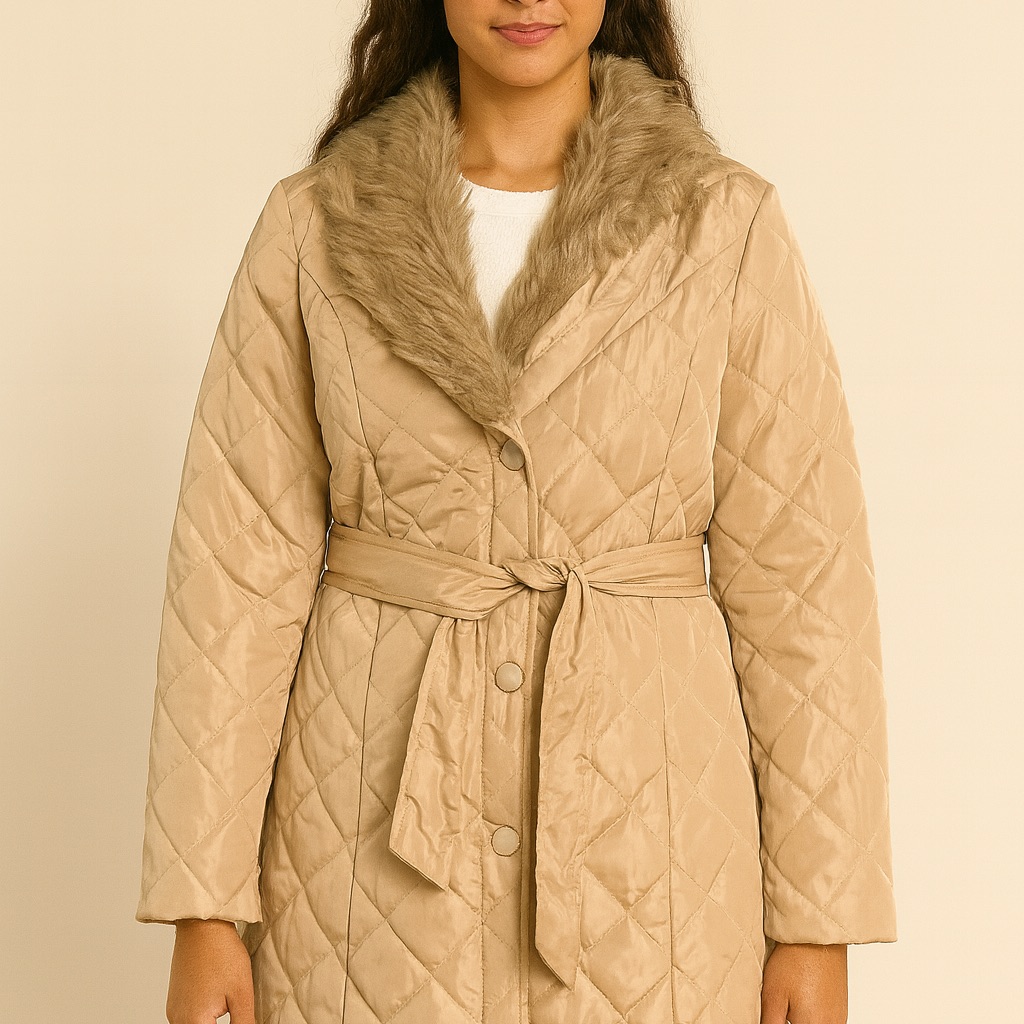 Cavalini Tan Quilted Coat With Faux Fur Collar